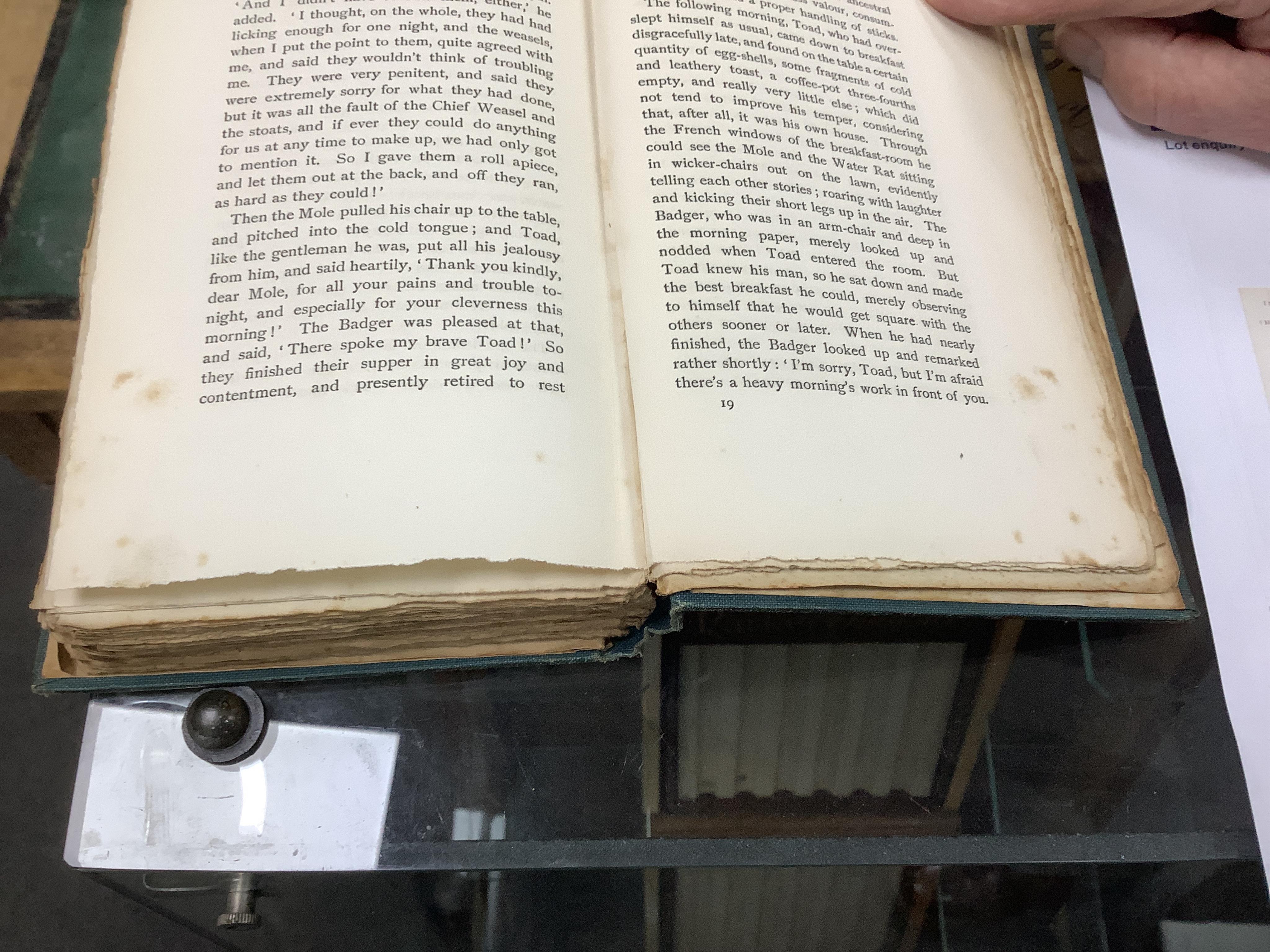 Grahame, Kenneth - The Wind in the Willows ... First Edition. frontispiece (by Graham Robertson) and tissue guard, half title; original gilt ruled and pictorial cloth, gilt top with other edges rough trimmed. Methuen and